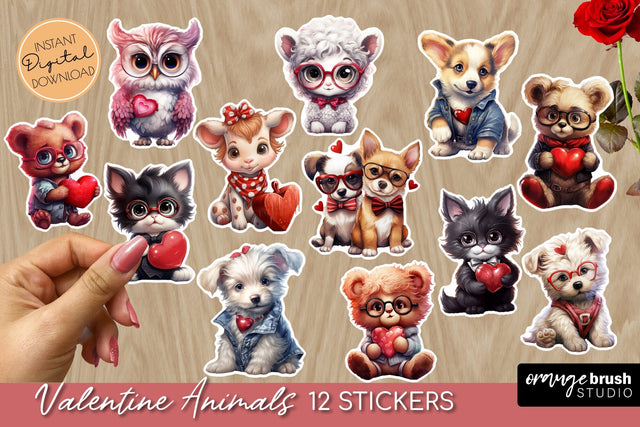 Valentine Stickers - Cute Animals, Printable Sticker Sheet Sublimation OrangeBrushStudio 