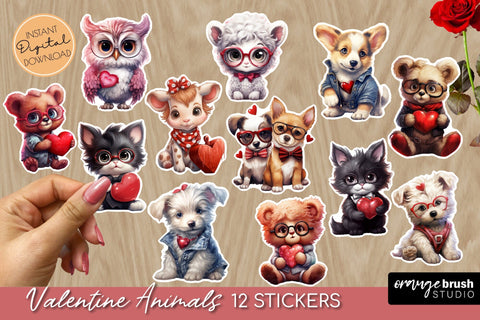 Valentine Stickers - Cute Animals, Printable Sticker Sheet Sublimation OrangeBrushStudio 