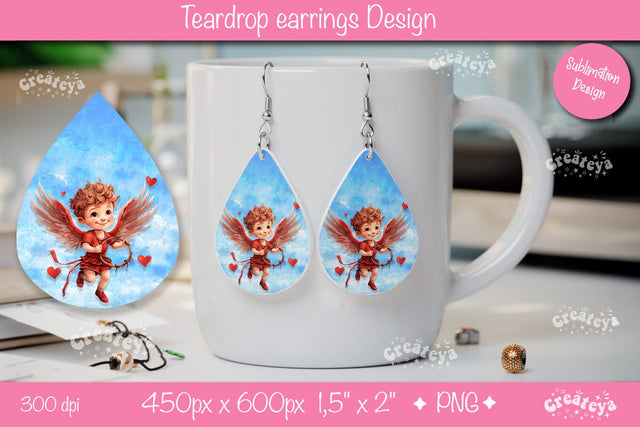 Valentine Sublimation Earrings – Watercolor Angel Teardrop Design Sublimation Createya Design 