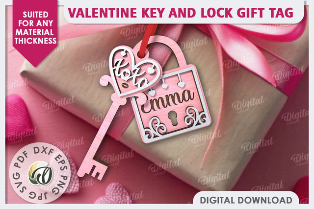 Valentine Tag Lock and Key Laser Cut. Valentine Keychain SVG SVG Evgenyia Guschina 