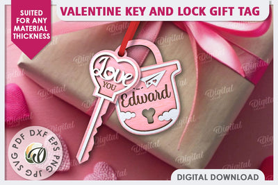 Valentine Tag Lock and Key Laser Cut. Valentine Keychain SVG SVG Evgenyia Guschina 
