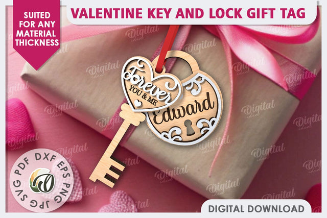 Valentine Tag Lock and Key Laser Cut. Valentine Keychain SVG SVG Evgenyia Guschina 