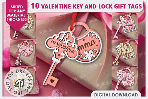 Valentine Tags Lock and Key Laser Cut Bundle. Gift Tags SVG SVG Evgenyia Guschina 