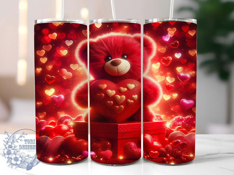 Valentine Teddy Bear Tumbler, Red Hearts Wrap, Romantic Bear Cup, 20oz Sublimation Wrap, Stylish Valentine Design Tumbler, Artistic Teddy Heart Cup, Cute Love Theme Wrap Sublimation ToriDesigns 