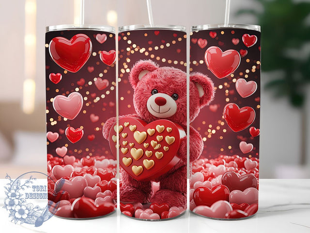 Valentine Teddy Bear Tumbler, Red Hearts Wrap, Romantic Bear Cup, 20oz Sublimation Wrap, Stylish Valentine Design Tumbler, Artistic Teddy Heart Cup, Cute Love Theme Wrap Sublimation ToriDesigns 