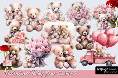 Valentine Teddy Bear Watercolor Clipart & Sublimation Bundle Sublimation OrangeBrushStudio 