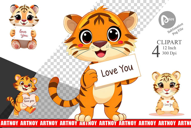 Valentine Tiger Cartoon Clipart Sublimation artnoy 