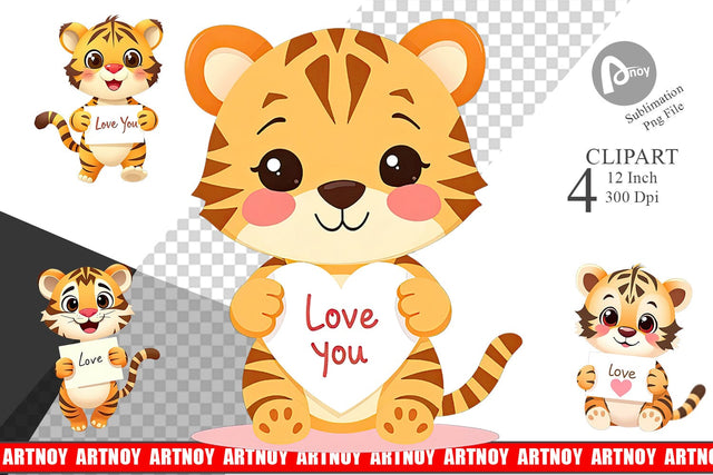 Valentine Tiger Cartoon Clipart Sublimation artnoy 
