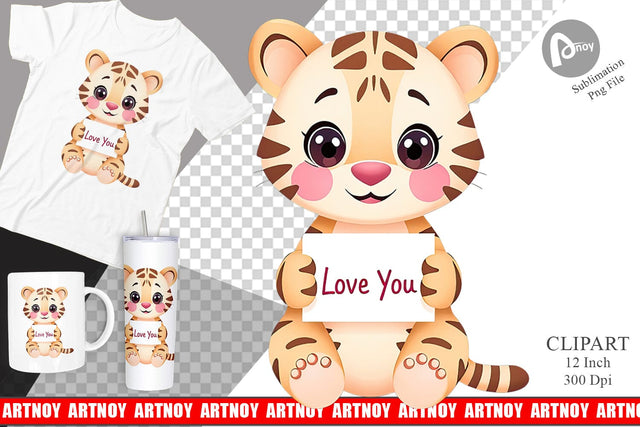 Valentine Tiger Cartoon Clipart Sublimation artnoy 