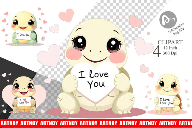 Valentine Turtle Cartoon Clipart Sublimation artnoy 