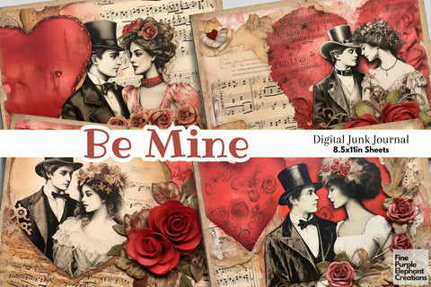 Valentine Vintage Couples Digital Junk Journal Double Pages Digital Pattern Fine Purple Elephant Creations 