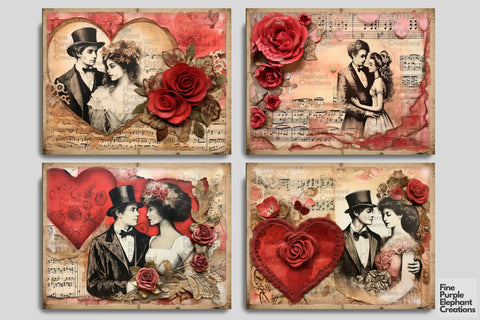 Valentine Vintage Couples Digital Junk Journal Double Pages Digital Pattern Fine Purple Elephant Creations 