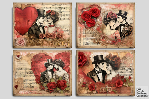 Valentine Vintage Couples Digital Junk Journal Double Pages Digital Pattern Fine Purple Elephant Creations 