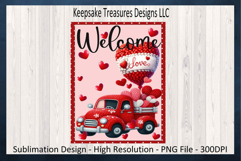Valentine Welcome Garden Flag, Crochet Red Truck, Sublimation PNG Template, Digital Download, PNG Printable Sublimation Keepsake Treasures Designs LLC. 
