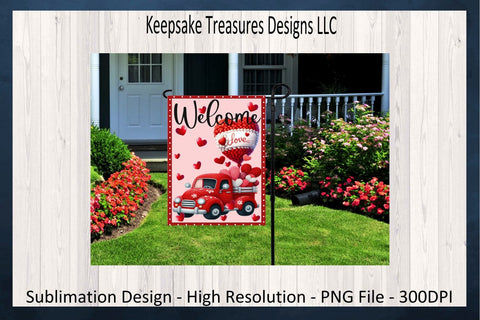 Valentine Welcome Garden Flag, Crochet Red Truck, Sublimation PNG Template, Digital Download, PNG Printable Sublimation Keepsake Treasures Designs LLC. 
