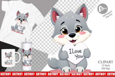 Valentine Wolf Cartoon Clipart Sublimation artnoy 