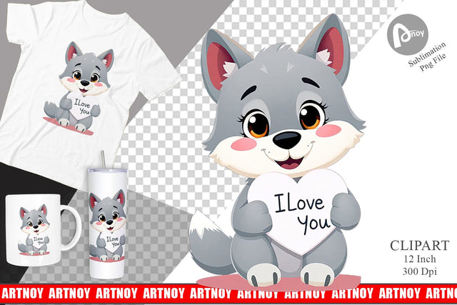 Valentine Wolf Cartoon Clipart Sublimation artnoy 