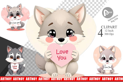 Valentine Wolf Cartoon Clipart Sublimation artnoy 