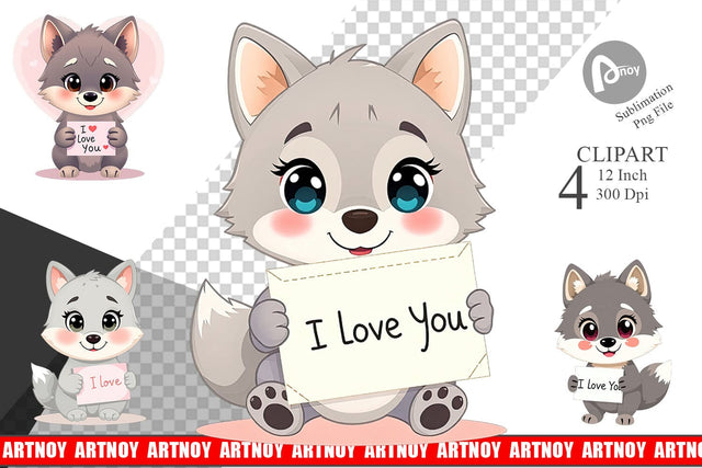 Valentine Wolf Cartoon Clipart Sublimation artnoy 