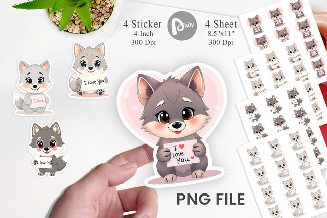 Valentine Wolf Cartoon Sticker Sublimation artnoy 