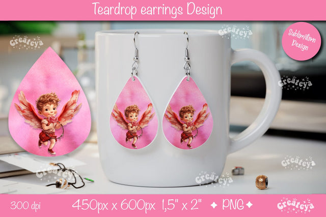 Valentine’s Angelic Teardrop Earrings – Watercolor PNG Sublimation Createya Design 