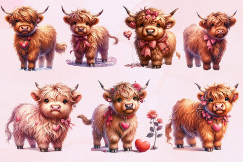 Valentines Baby Highland Cow Clipart Bundle ,Illustrator ,Quotes and Sayings,Food & Drink,On Sale, Print & Cut Sublimation Newmockups 