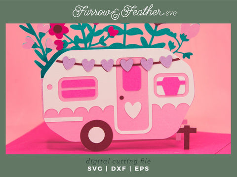 Valentine's Camper Card - Valentine's Day Card SVG 3D Paper Furrow and Feather SVG 
