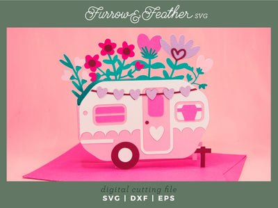 Valentine's Camper Card - Valentine's Day Card SVG 3D Paper Furrow and Feather SVG 