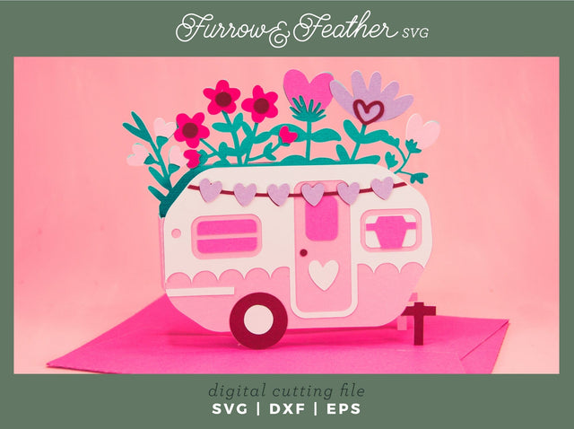 Valentine's Camper Card - Valentine's Day Card SVG 3D Paper Furrow and Feather SVG 