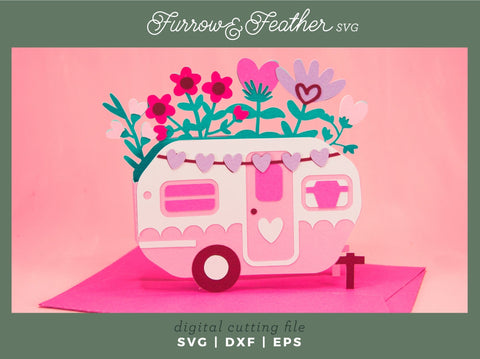 Valentine's Camper Card - Valentine's Day Card SVG 3D Paper Furrow and Feather SVG 