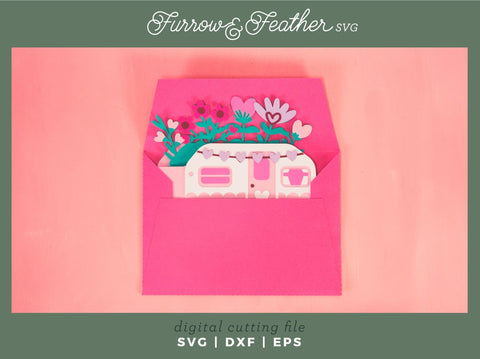 Valentine's Camper Card - Valentine's Day Card SVG 3D Paper Furrow and Feather SVG 