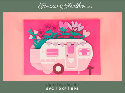 Valentine's Camper Card - Valentine's Day Card SVG 3D Paper Furrow and Feather SVG 
