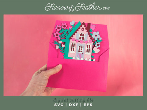 Valentine's Cottage Card - Valentine's Day Card SVG 3D Paper Furrow and Feather SVG 