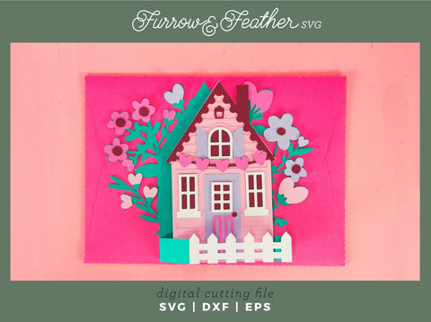 Valentine's Cottage Card - Valentine's Day Card SVG 3D Paper Furrow and Feather SVG 