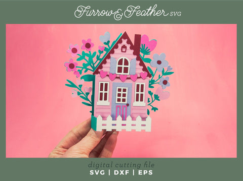 Valentine's Cottage Card - Valentine's Day Card SVG 3D Paper Furrow and Feather SVG 