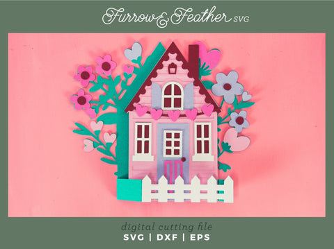Valentine's Cottage Card - Valentine's Day Card SVG 3D Paper Furrow and Feather SVG 