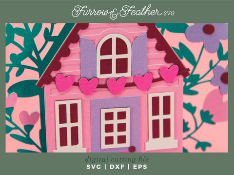 Valentine's Cottage Card - Valentine's Day Card SVG 3D Paper Furrow and Feather SVG 