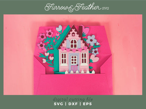 Valentine's Cottage Card - Valentine's Day Card SVG 3D Paper Furrow and Feather SVG 