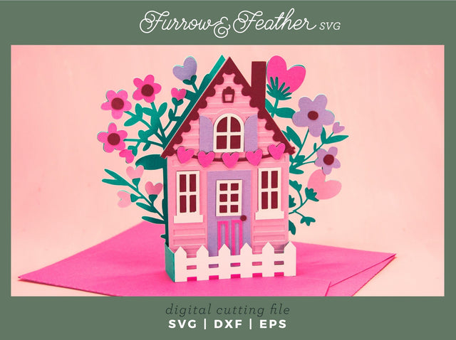 Valentine's Cottage Card - Valentine's Day Card SVG 3D Paper Furrow and Feather SVG 