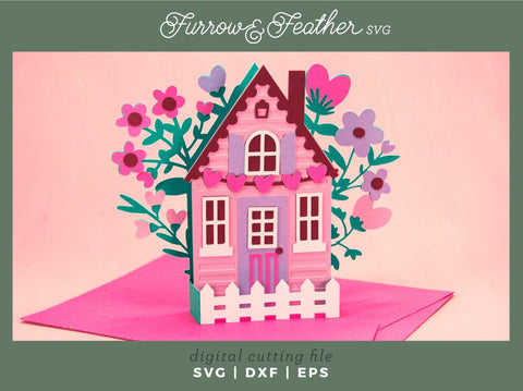 Valentine's Cottage Card - Valentine's Day Card SVG 3D Paper Furrow and Feather SVG 