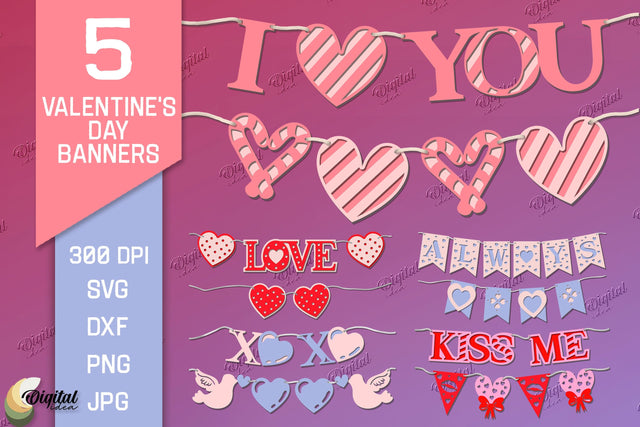 Valentine's Day Banners Bundle. Love Banners Paper Cut 3D Paper Evgenyia Guschina 