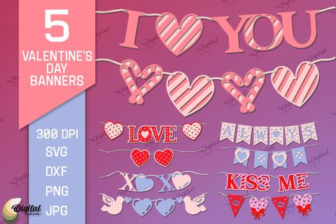 Valentine's Day Banners Bundle. Love Banners Paper Cut 3D Paper Evgenyia Guschina 