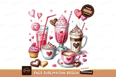Valentines Day Beverages And Treats Watercolor Sublimation Designangry 