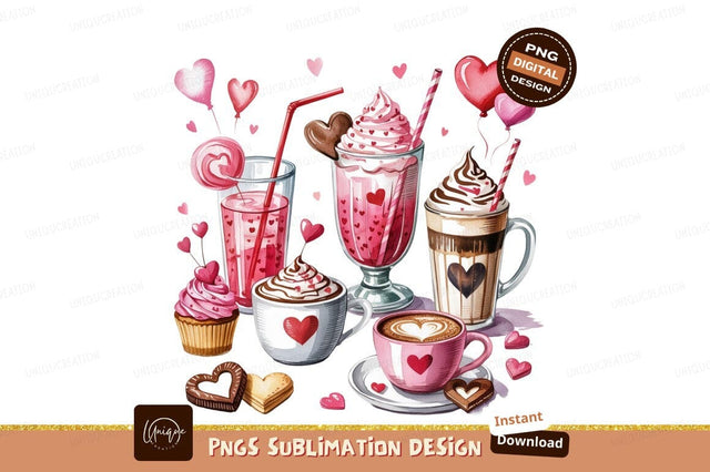 Valentines Day Beverages And Treats Watercolor Sublimation Designangry 