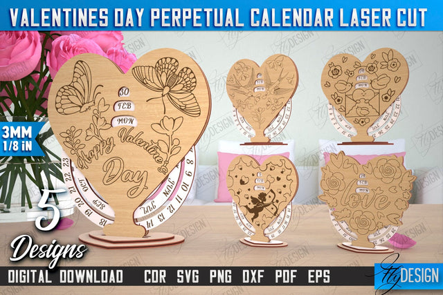 Valentines Day Calendar Laser Cut SVG Bundle | 3d Perpetual Calendar | Cut and Engrave SVG Fly Design 