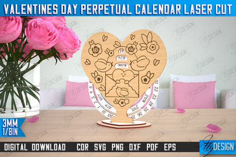 Valentines Day Calendar Laser Cut SVG Bundle | 3d Perpetual Calendar | Cut and Engrave SVG Fly Design 