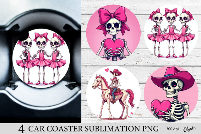 Valentine’s Day Car Coaster PNG. Pink Skeleton Sublimation Sublimation Olga Terlyanskaya 