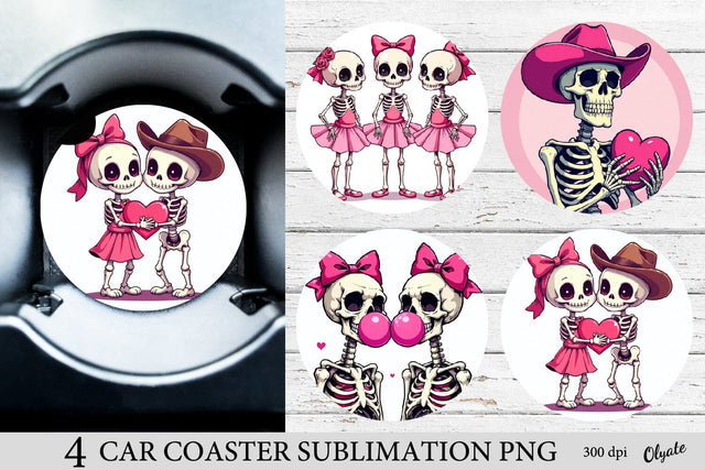 Valentine’s Day Car Coaster PNG. Pink Skeleton Sublimation Sublimation Olga Terlyanskaya 