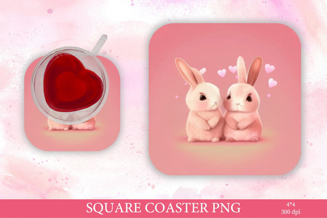 Valentines Day Coaster PNG. Pink Bunny Coaster PNG Sublimation Olga Terlyanskaya 