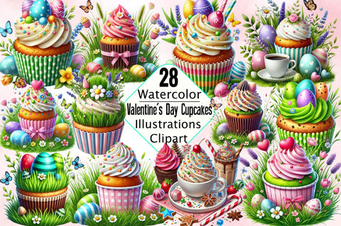 Valentine's Day Cupcakes Clipart Bundle Sublimation SVGArt 